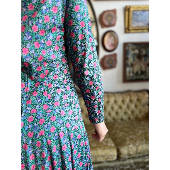 Vintage Blue Floral All over Print Long Sleeve Maxi Dress Size Small - Picture 9 of 9